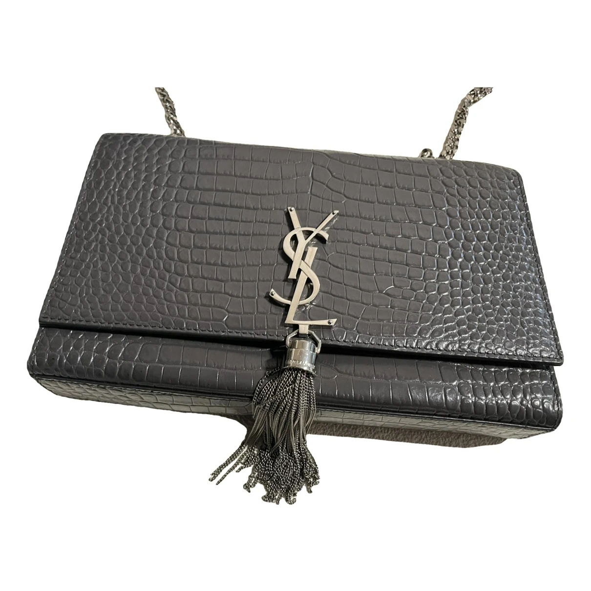 Pre-owned Saint Laurent Kate Monogramme Leather Clutch Bag In Grey