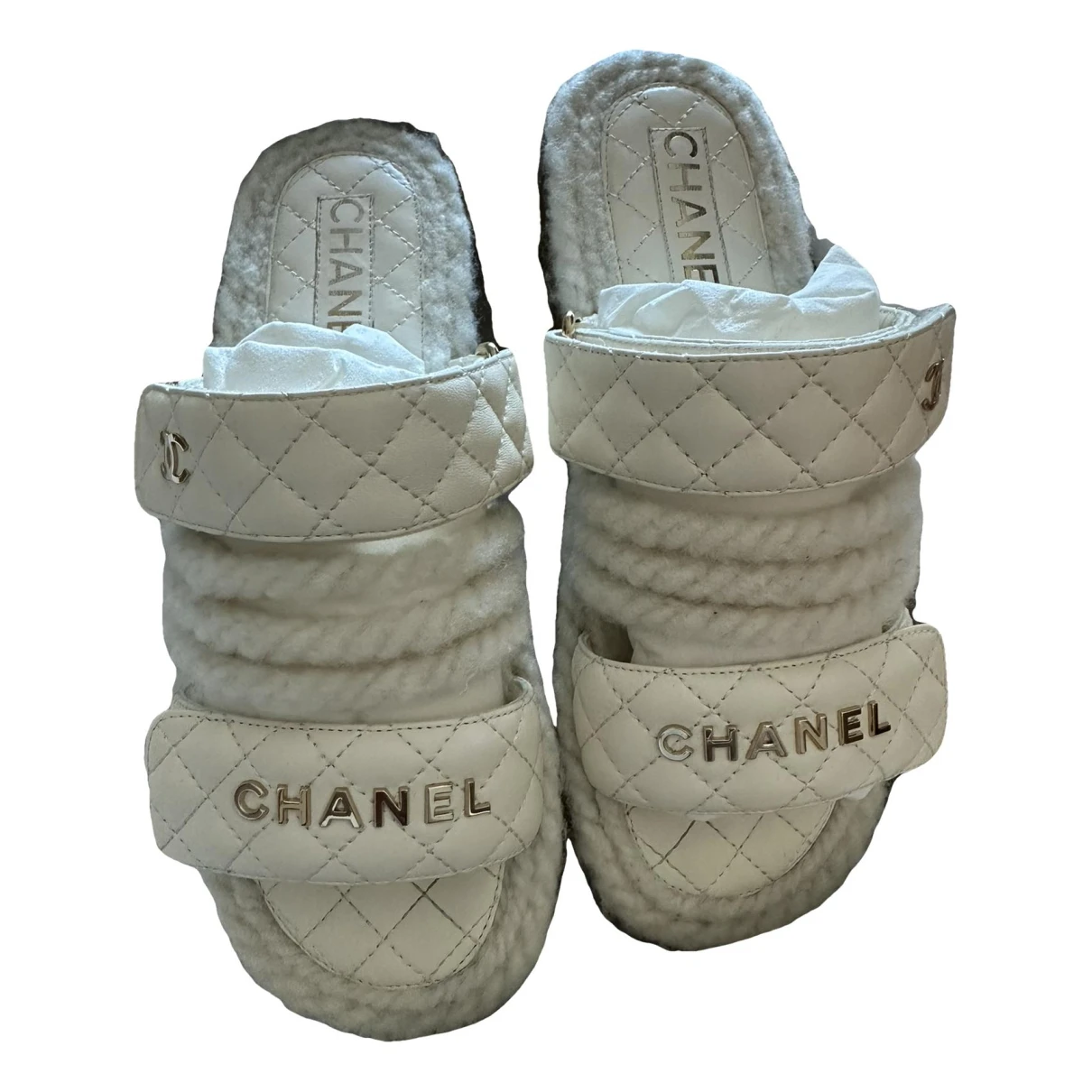 Pre-owned Chanel Dad Sandals Tweed Sandal In White