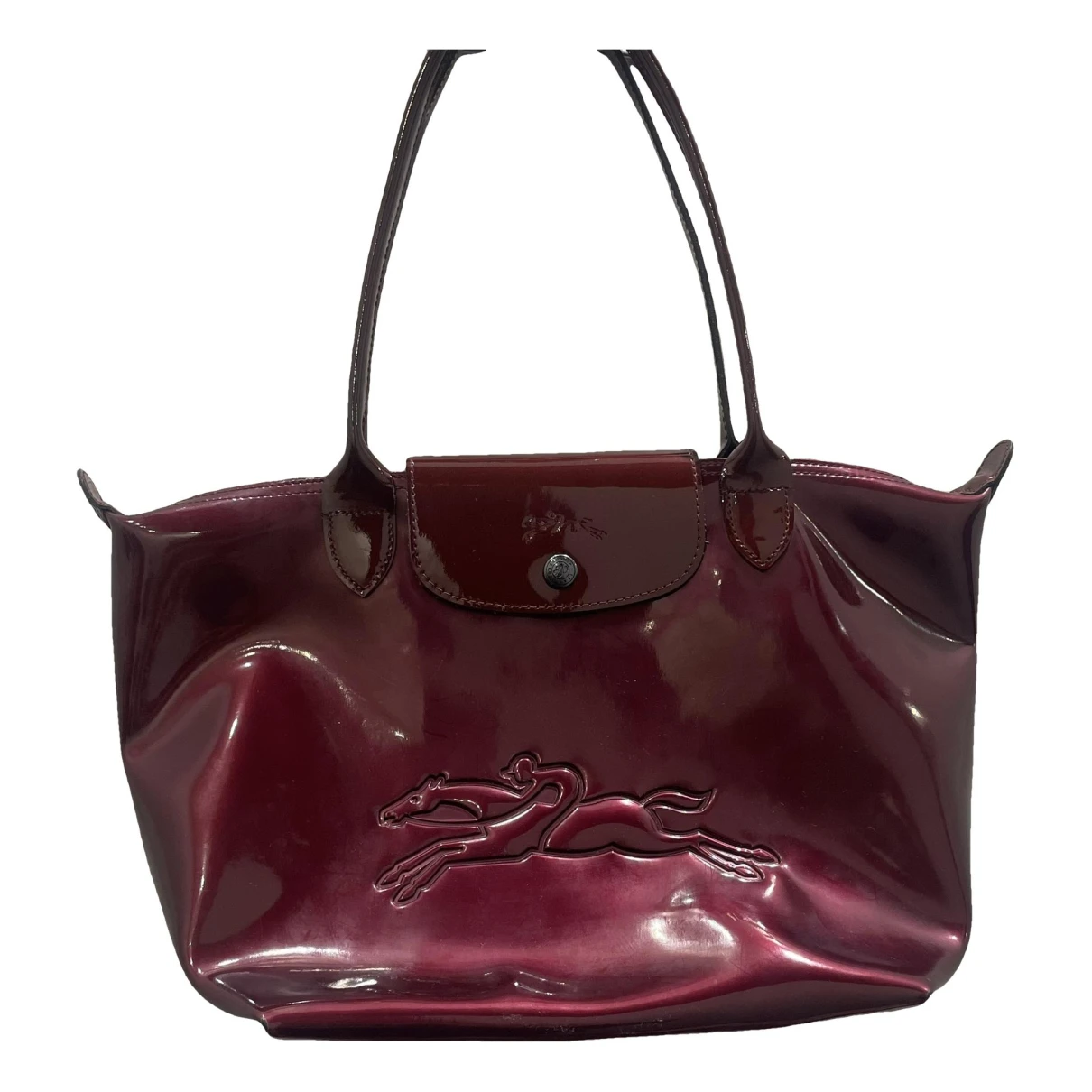 Pre-owned Longchamp Pliage Patent Leather Handbag In Burgundy