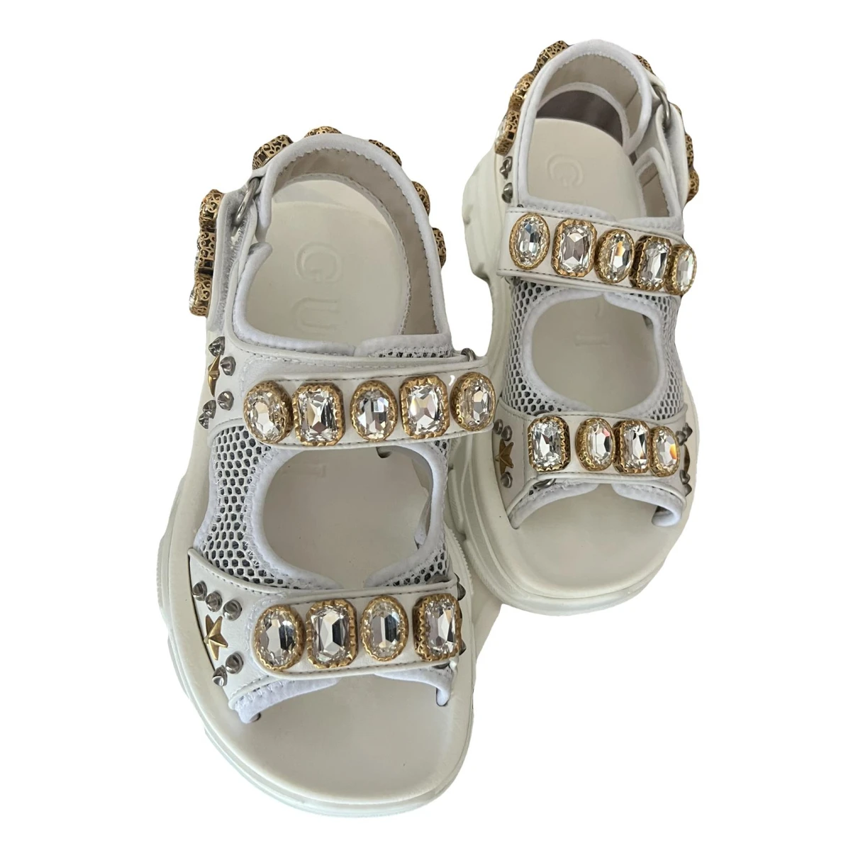 Pre-owned Gucci Aguru Crystal Leather Sandal In White