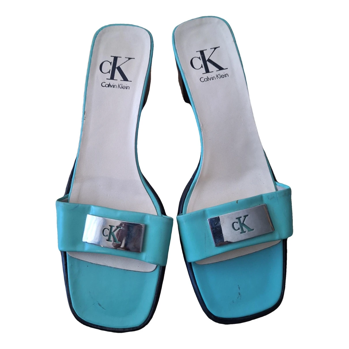 Pre-owned Calvin Klein Leather Mules In Turquoise