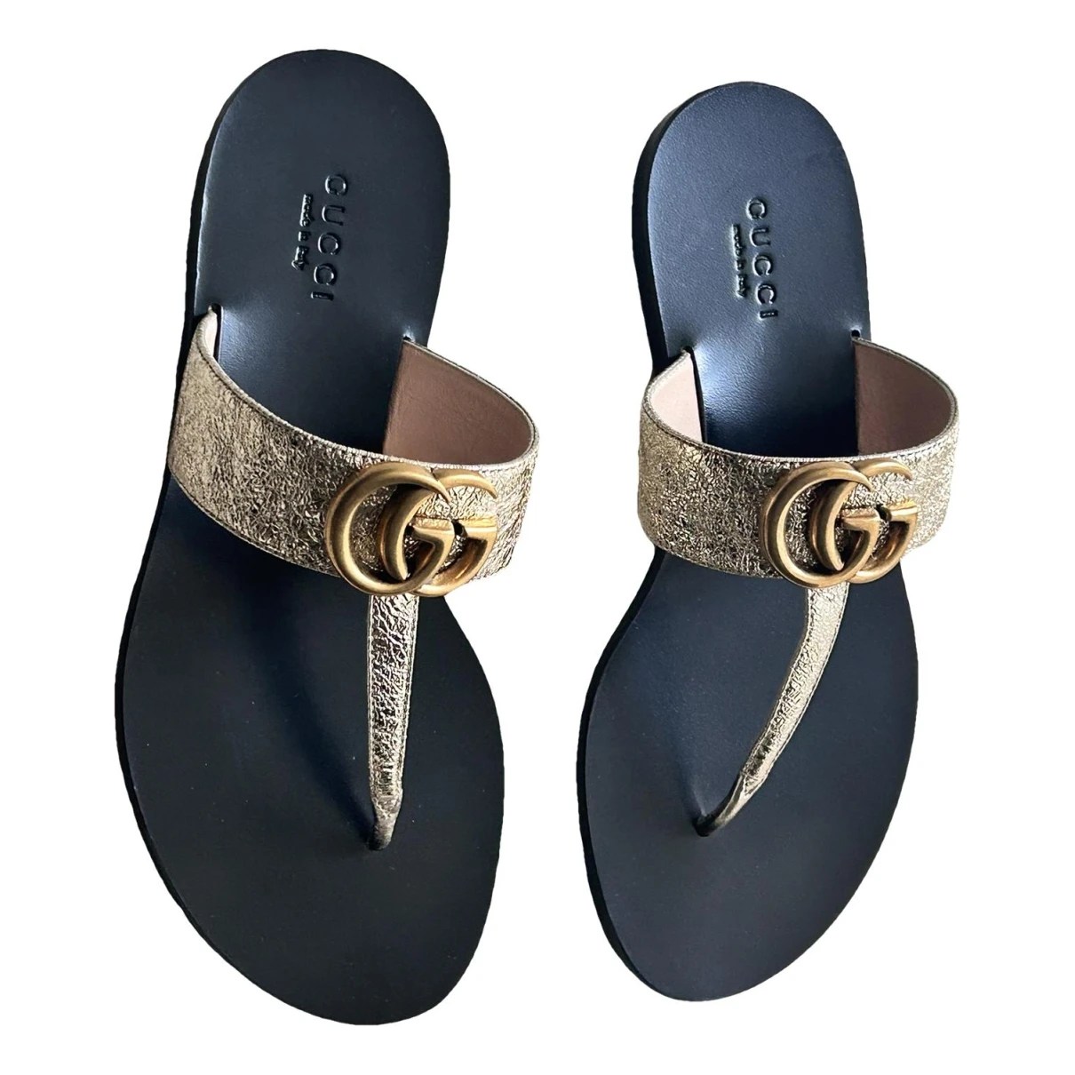 Pre-owned Gucci Double G Leather Flip Flops In Gold
