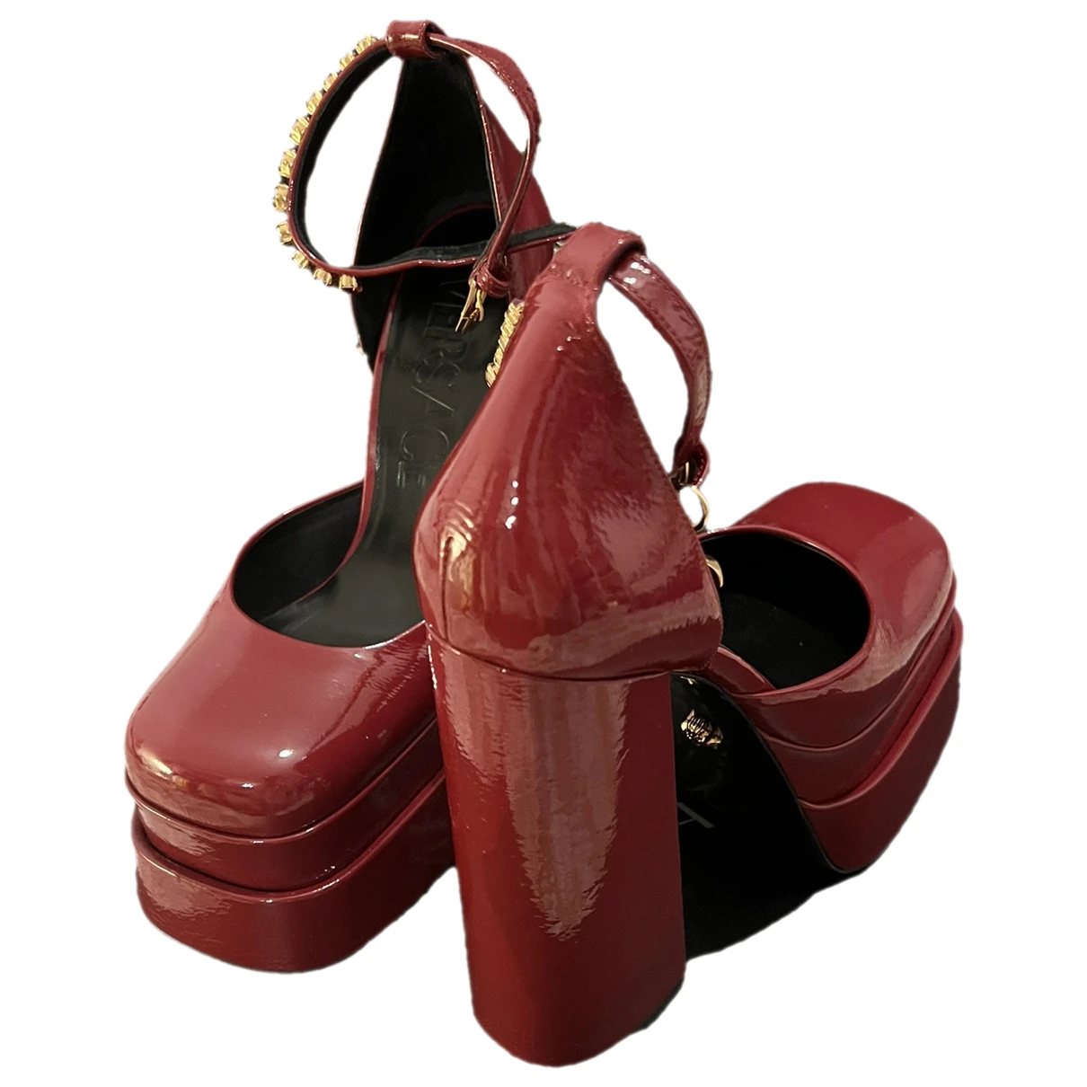Pre-owned Versace Medusa Aevitas Leather Heels In Burgundy