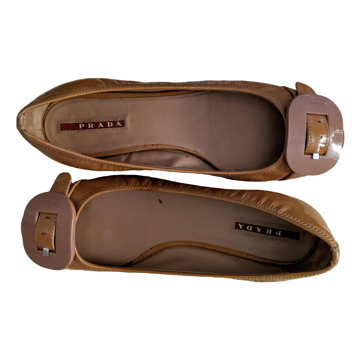 Pre-owned Prada Patent Leather Ballet Flats In Beige