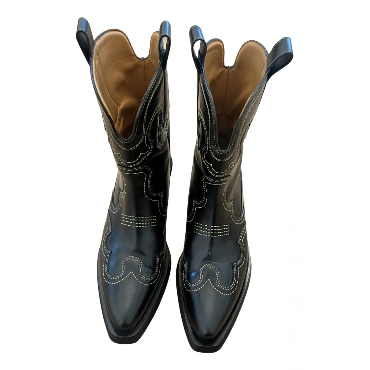 Pre-owned Ganni Leather Cowboy Boots In Black