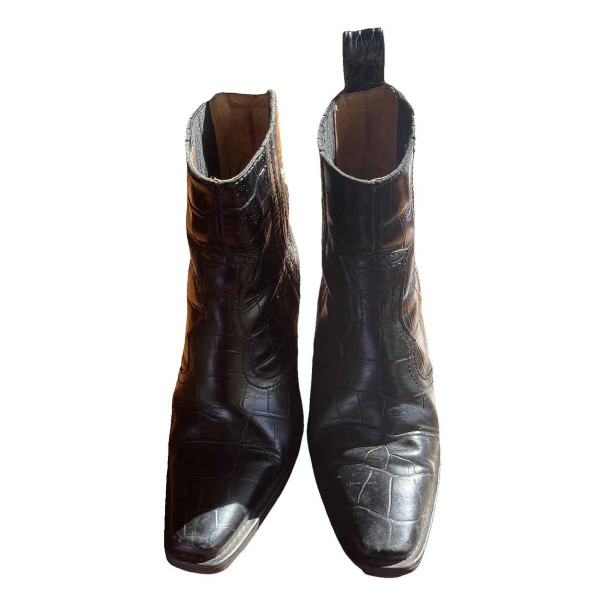 Pre-owned Ganni Spring Summer 2019 Leather Western Boots In Black