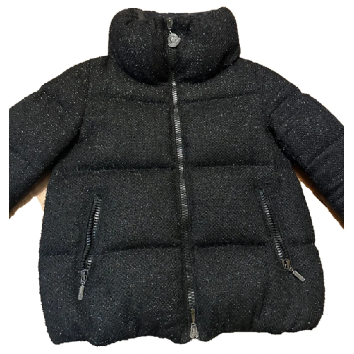 Pre-owned Moncler Fur Hood Tweed Puffer In Black