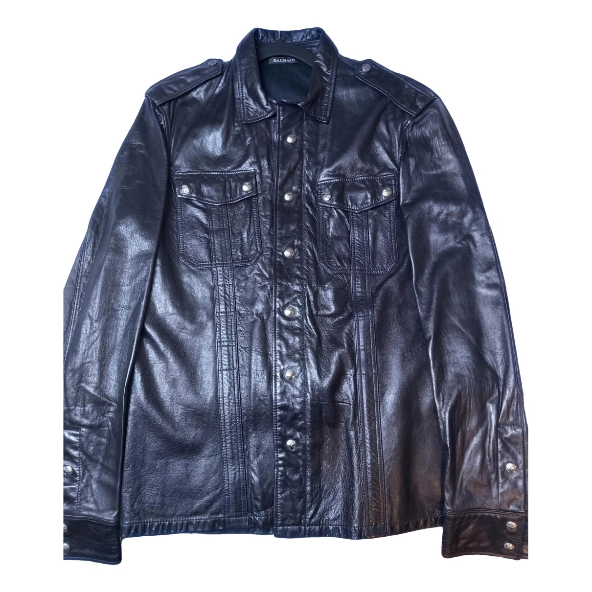 Pre-owned Balmain Leather Jacket In Navy