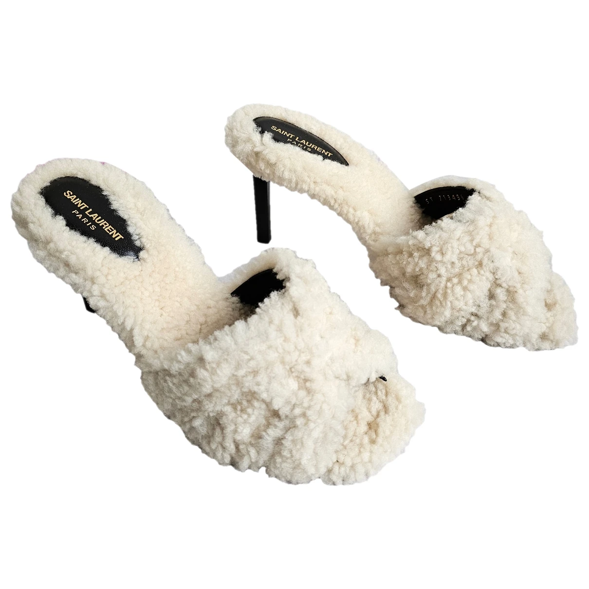 Pre-owned Saint Laurent Shearling Mules In White