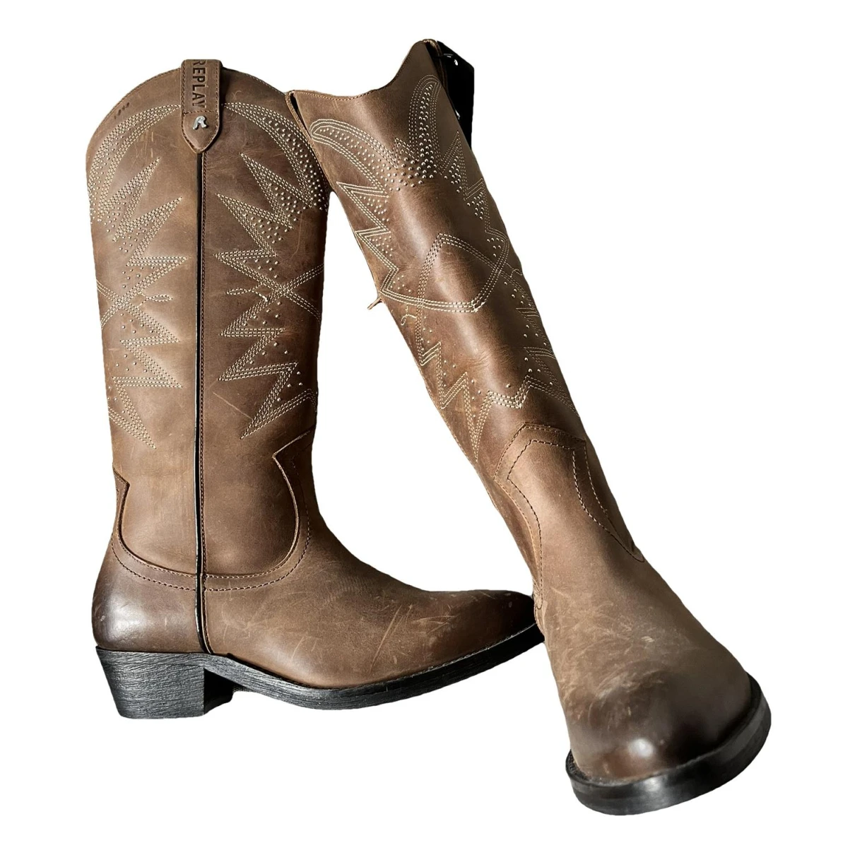 Pre-owned Replay Leather Cowboy Boots In Brown
