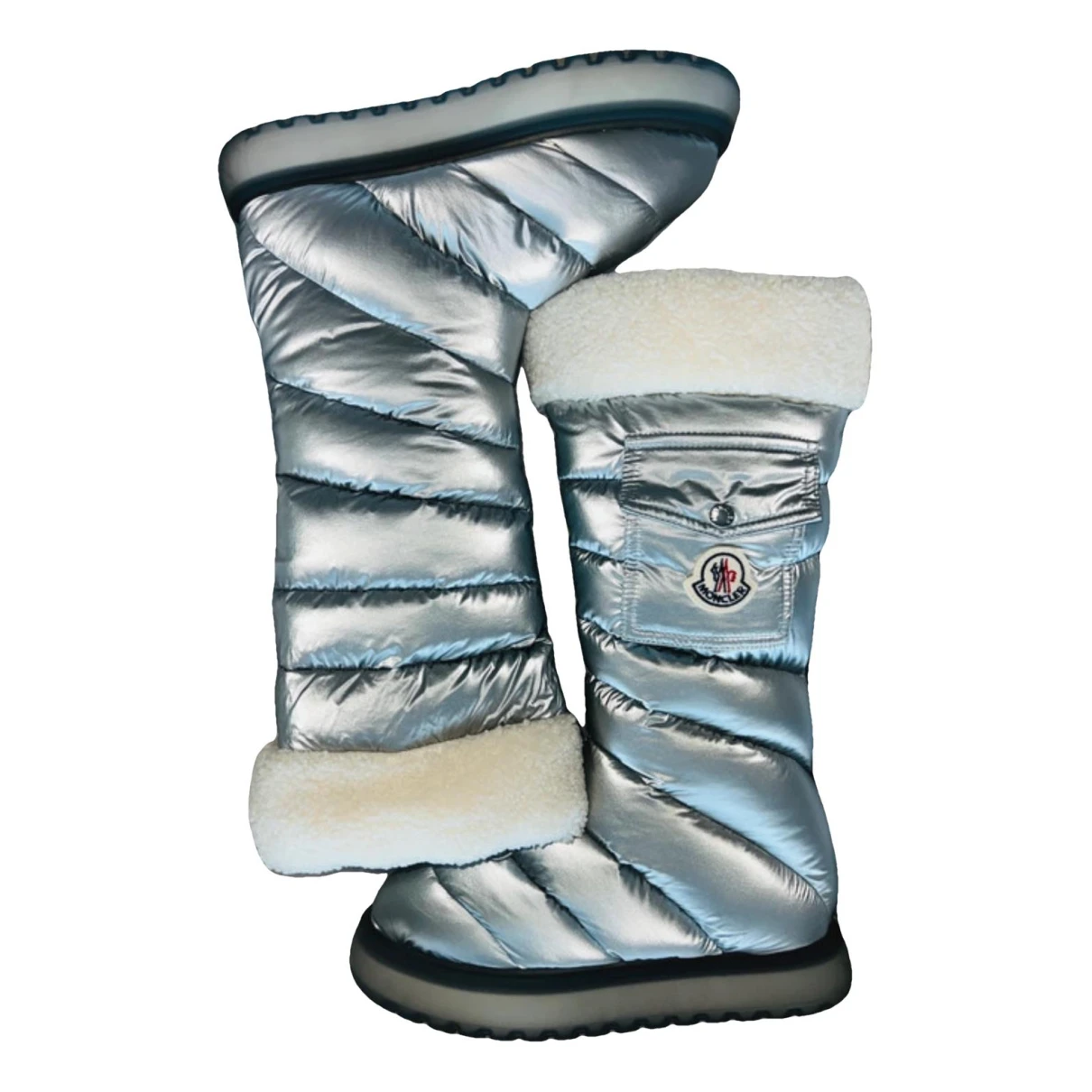 Pre-owned Moncler Vegan Leather Snow Boots In Silver