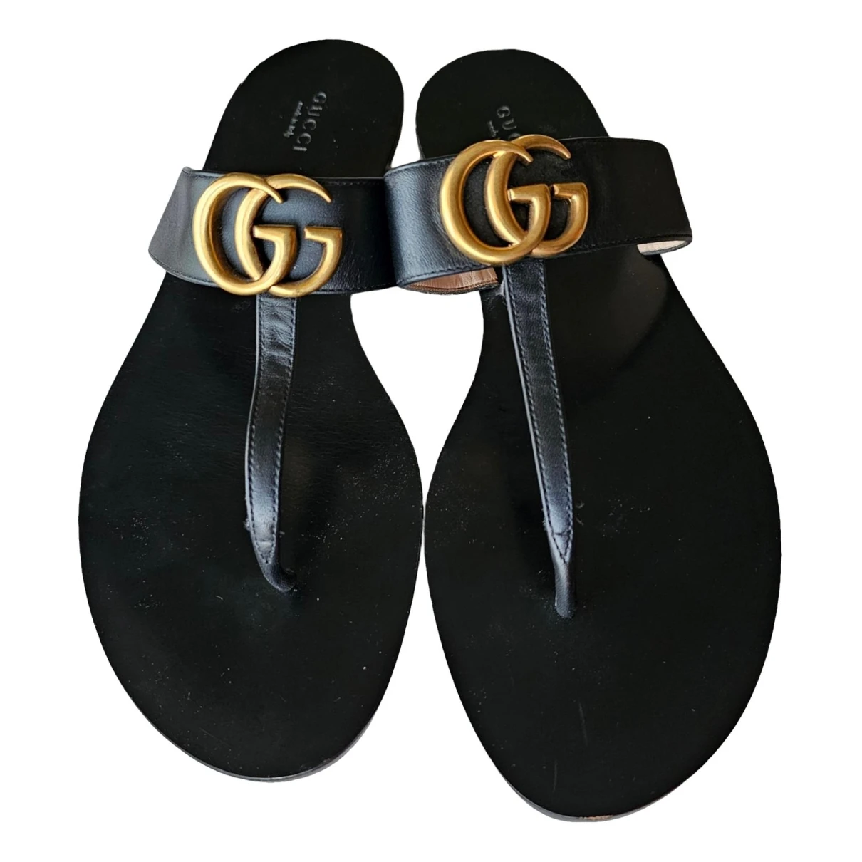 Pre-owned Gucci Double G Leather Flip Flops In Black