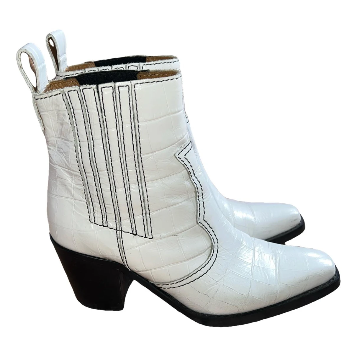 Pre-owned Ganni Leather Cowboy Boots In White