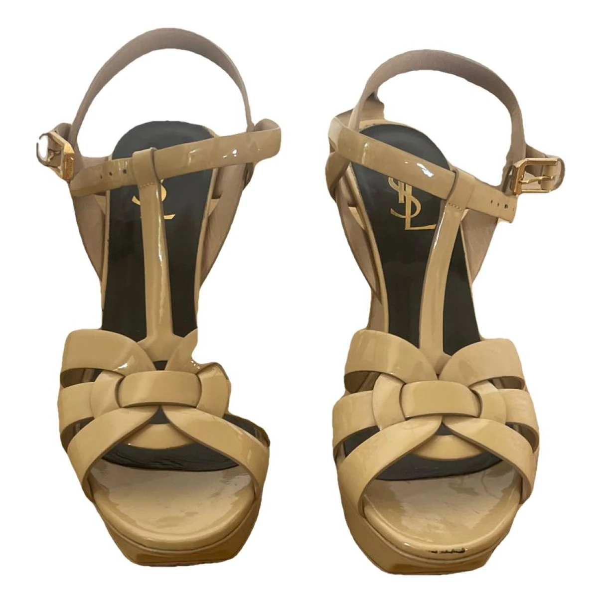 Pre-owned Saint Laurent Tribute Patent Leather Sandals In Beige