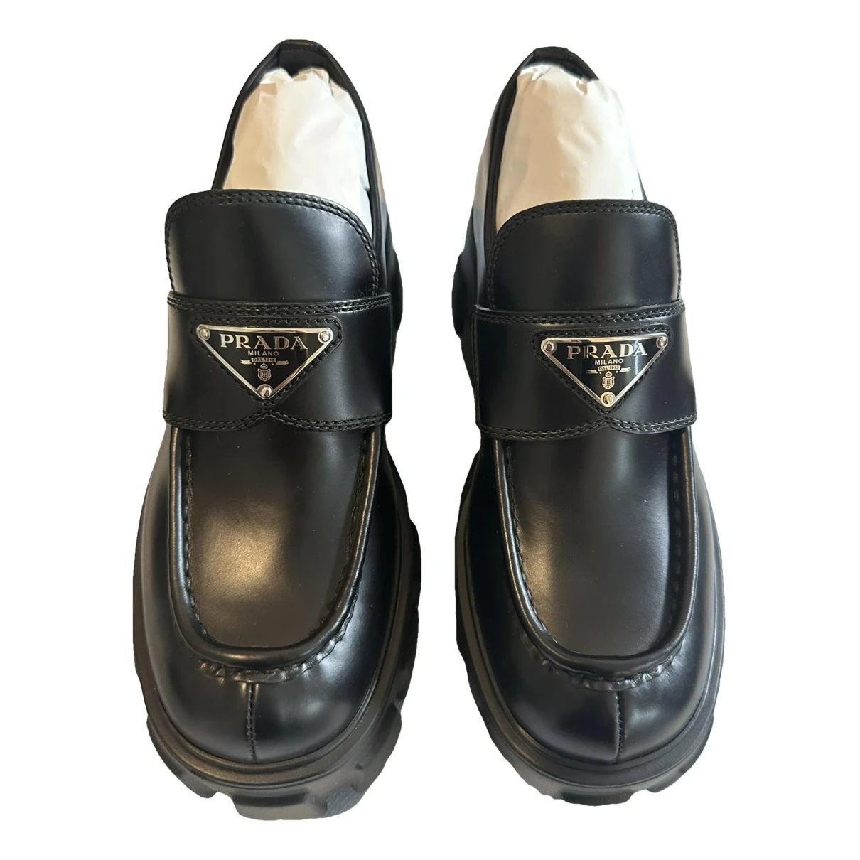 Pre-owned Prada Monolith Leather Flats In Black
