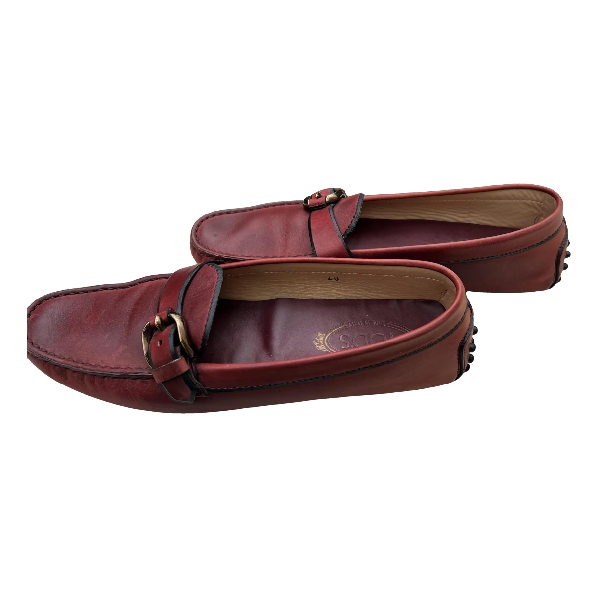 Pre-owned Tod's Gommino Leather Flats In Burgundy