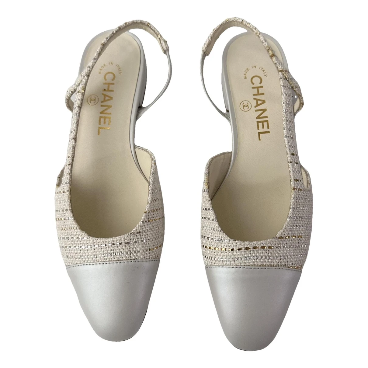 Pre-owned Chanel Slingback Tweed Ballet Flats In White