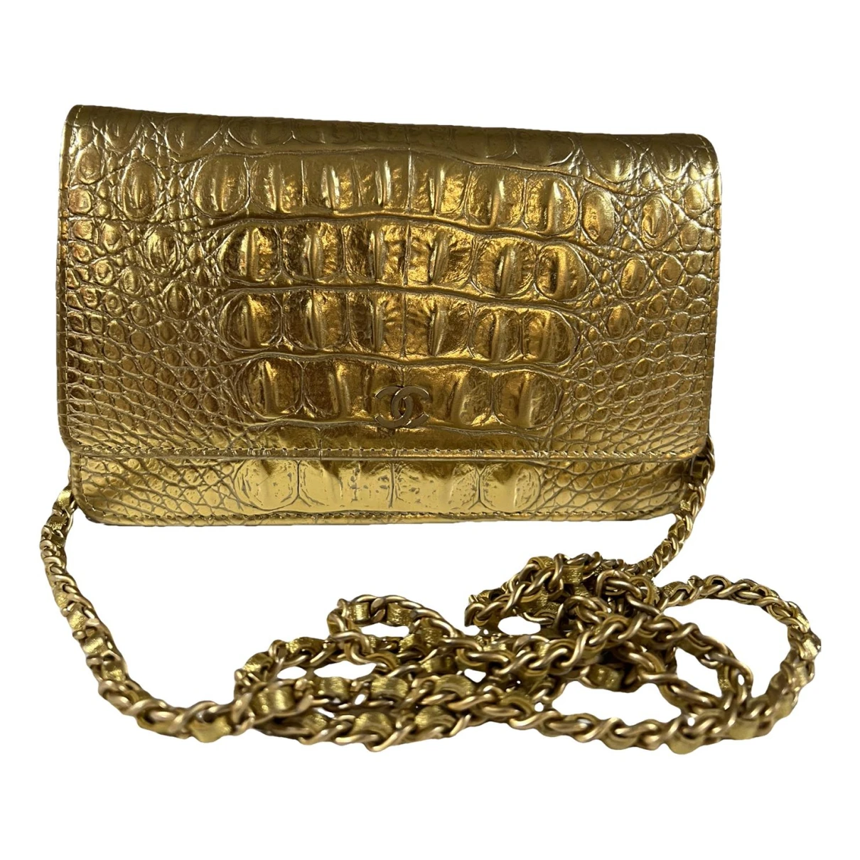 Pre-owned Chanel Wallet On Chain Leather Crossbody Bag In Gold