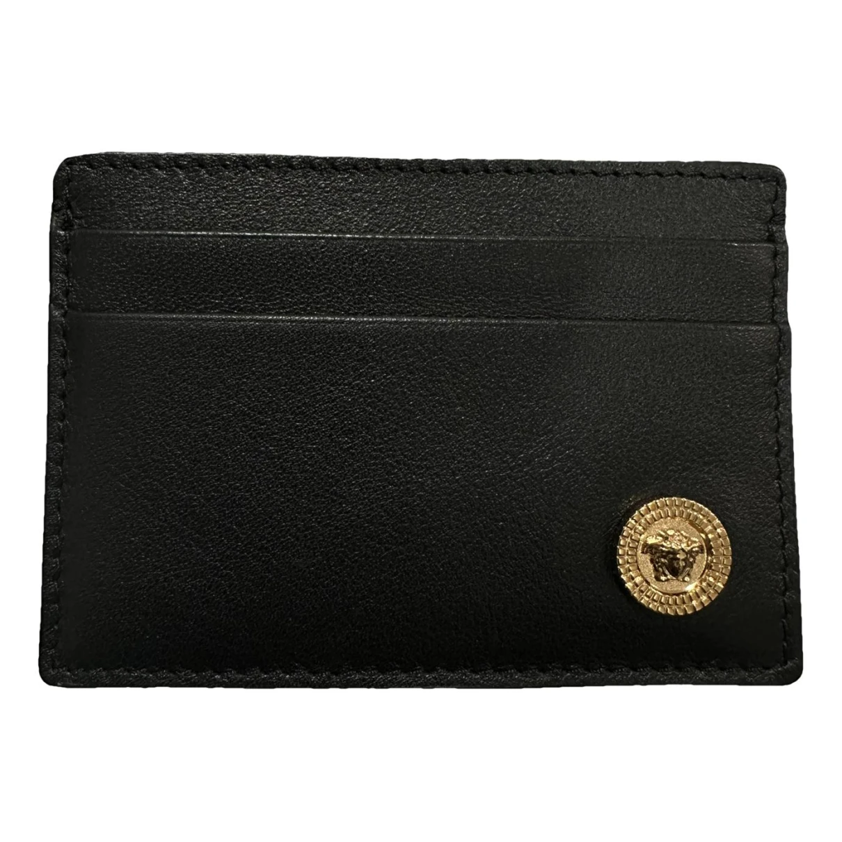 Pre-owned Versace La Medusa Leather Card Wallet In Black