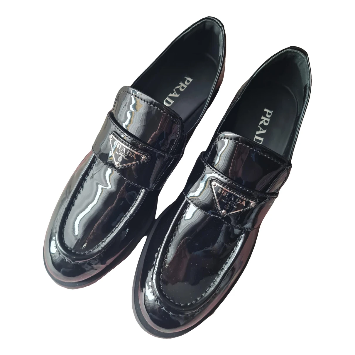 Pre-owned Prada Chocolate Patent Leather Flats In Black