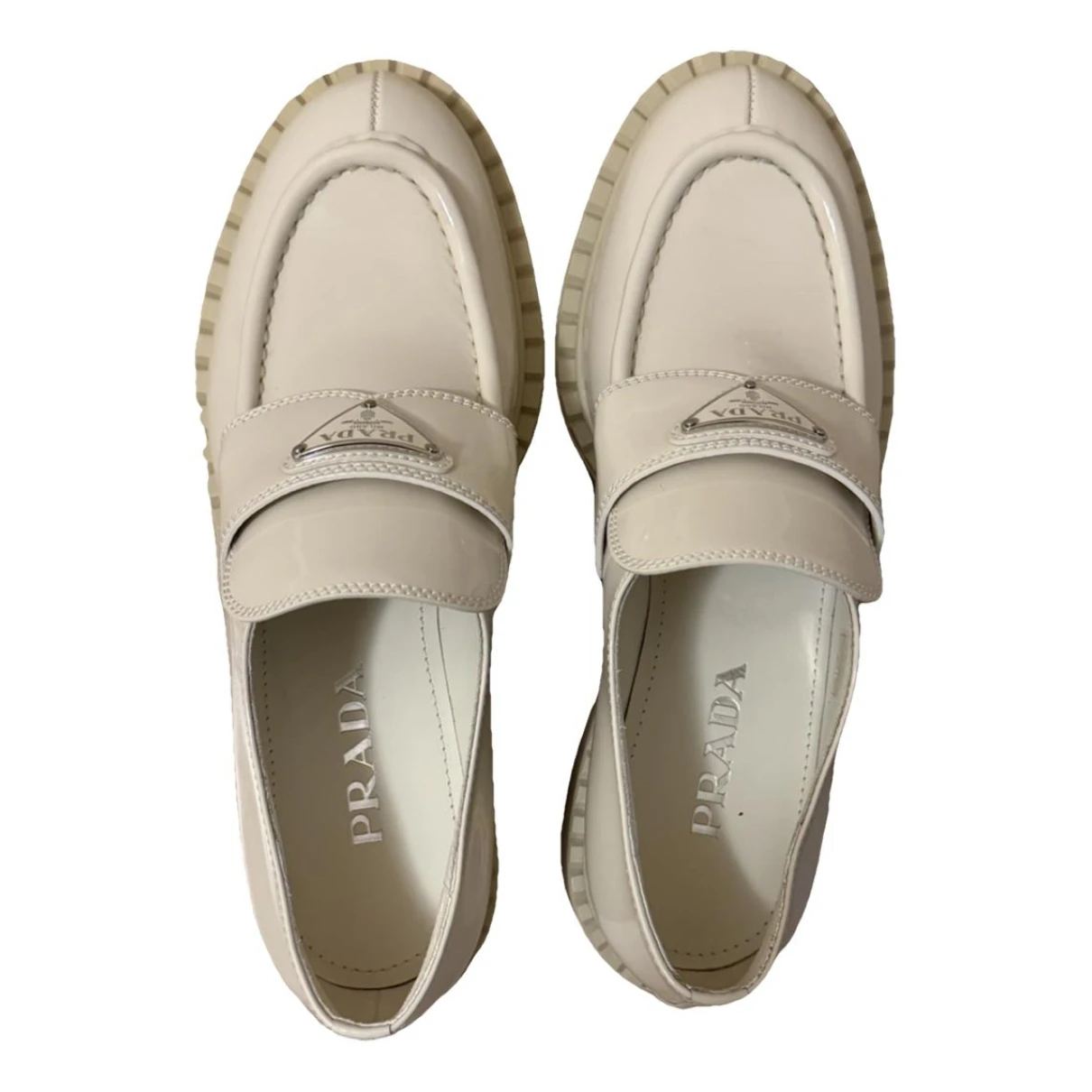 Pre-owned Prada Chocolate Patent Leather Flats In Beige