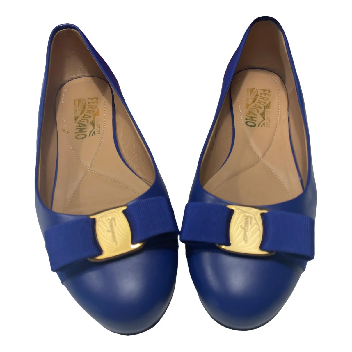 Pre-owned Ferragamo Vara Leather Ballet Flats In Blue