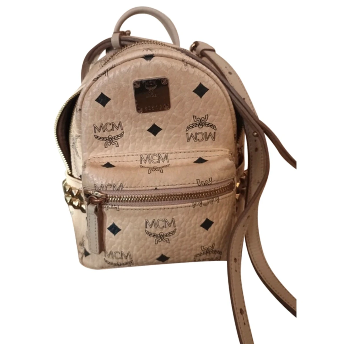 Pre-owned Mcm Stark Leather Backpack In Beige
