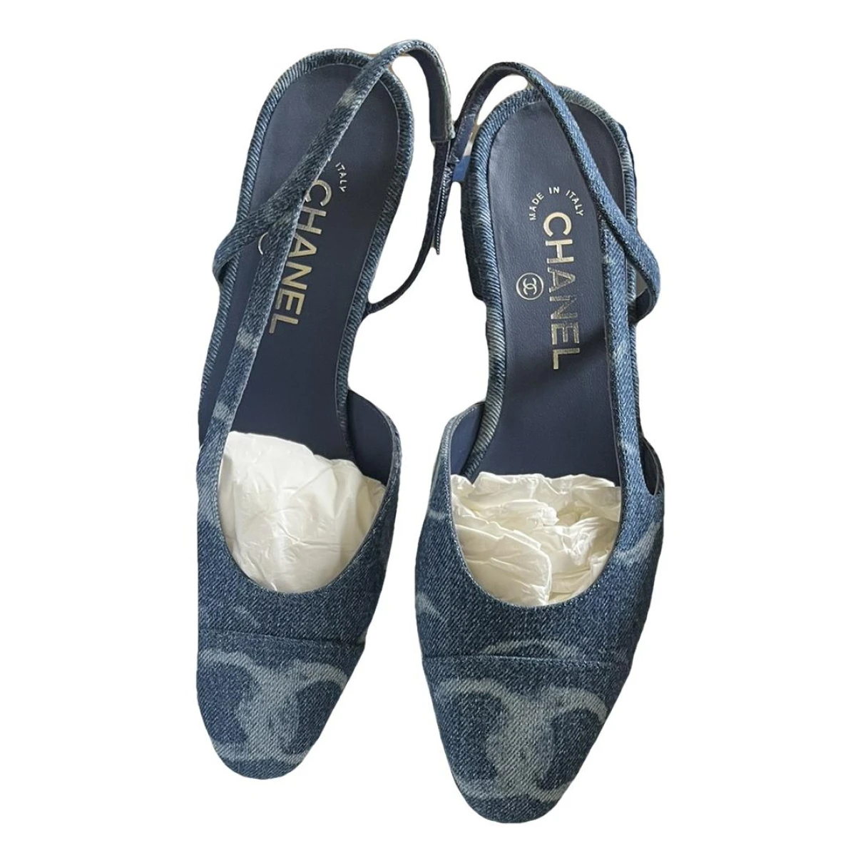 Pre-owned Chanel Slingback Cloth Ballet Flats In Blue