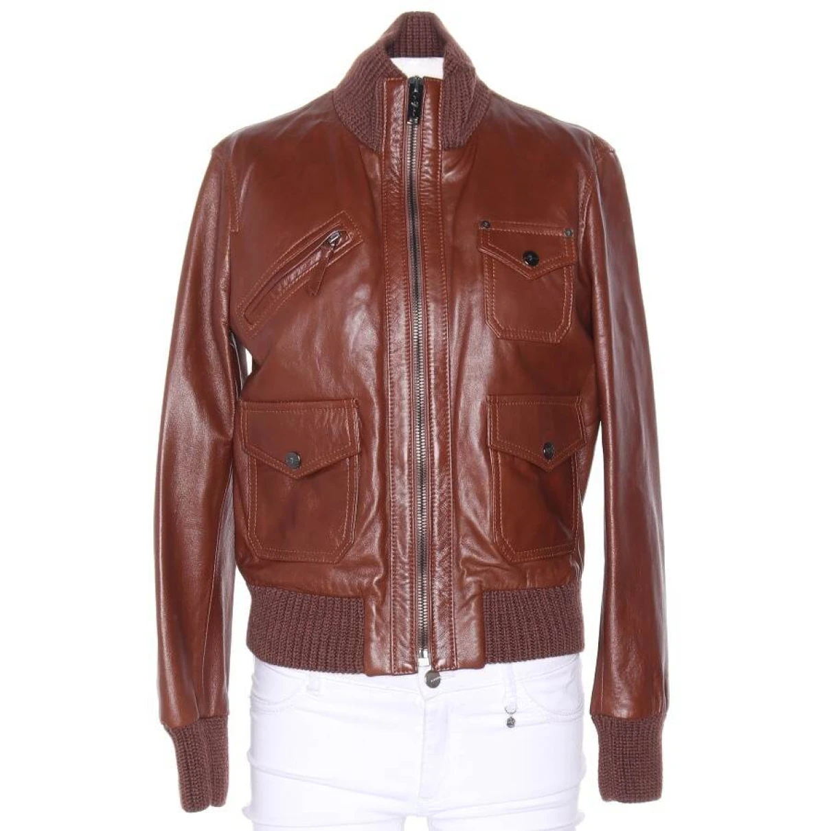 Pre-owned 7 For All Mankind Leather Biker Jacket In Brown
