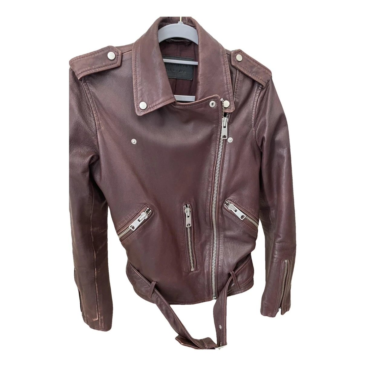 Pre-owned Allsaints Leather Biker Jacket In Burgundy