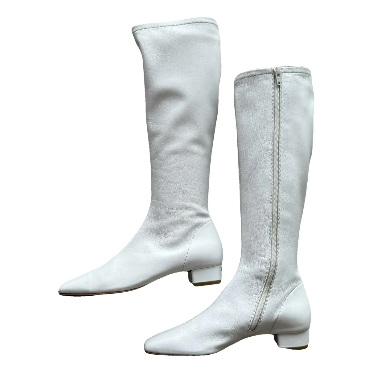 Pre-owned By Far Leather Riding Boots In White