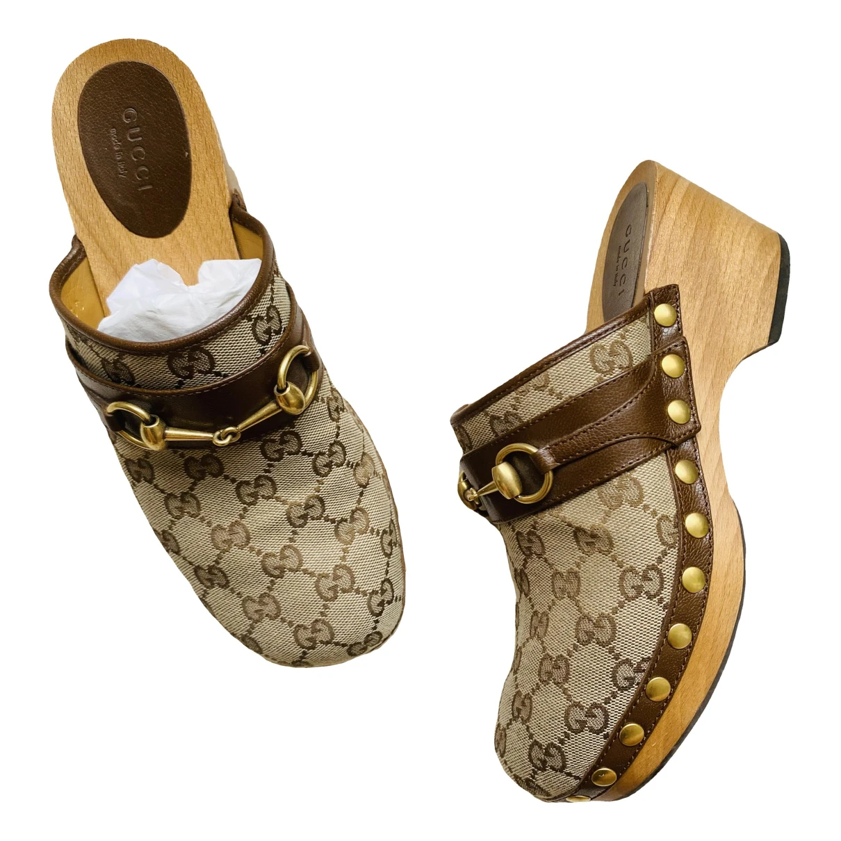 Pre-owned Gucci Cloth Mules & Clogs In Brown