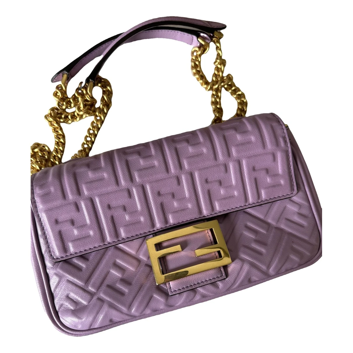 Pre-owned Fendi Baguette Chain Midi Leather Handbag In Purple