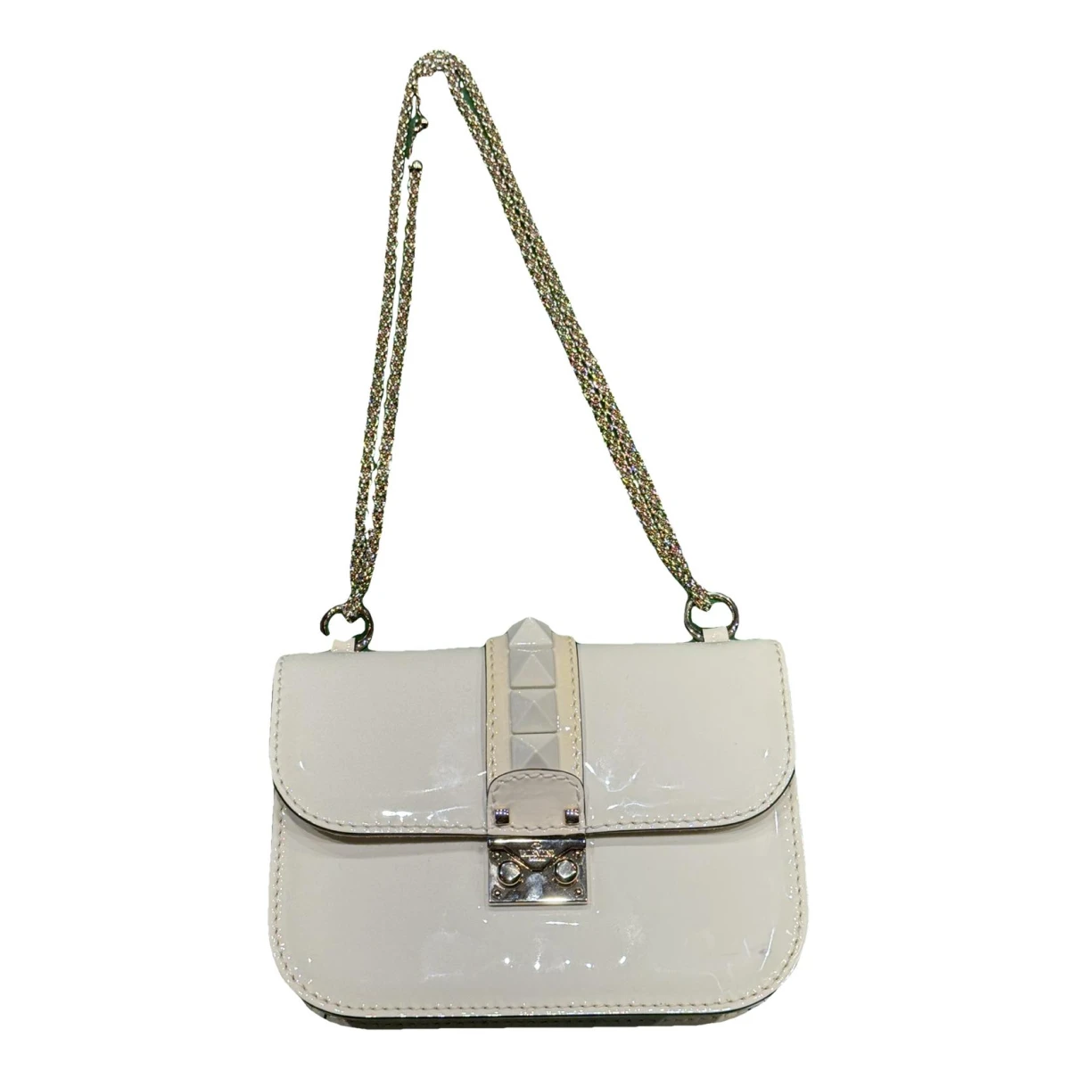 Pre-owned Valentino Garavani Glam Lock Patent Leather Crossbody Bag In White