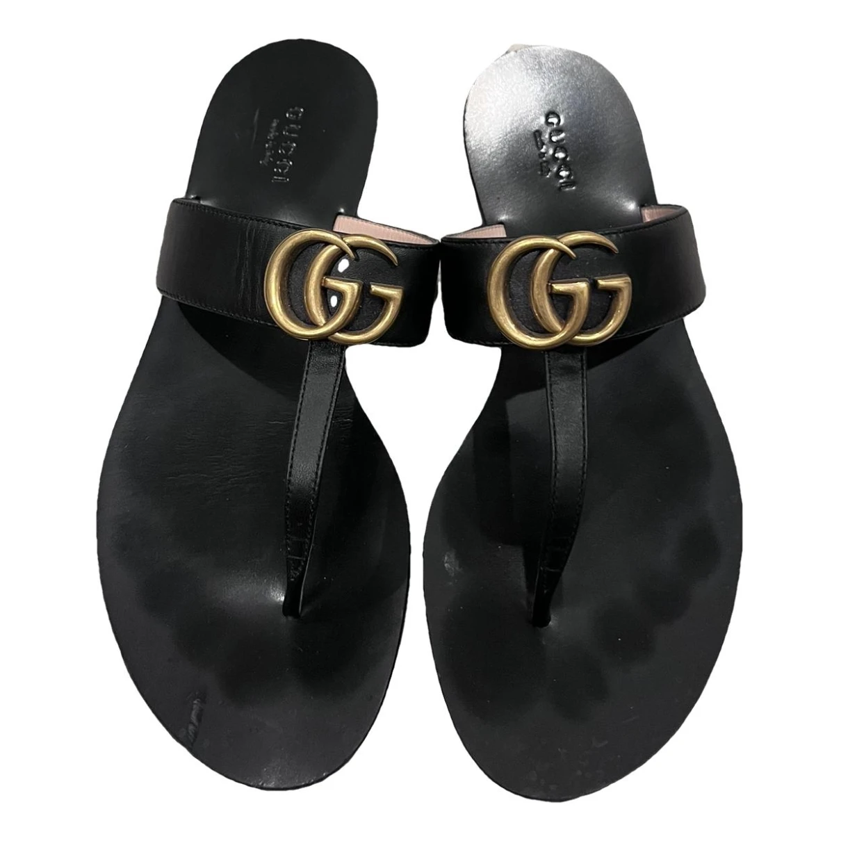 Pre-owned Gucci Double G Leather Flip Flops In Black