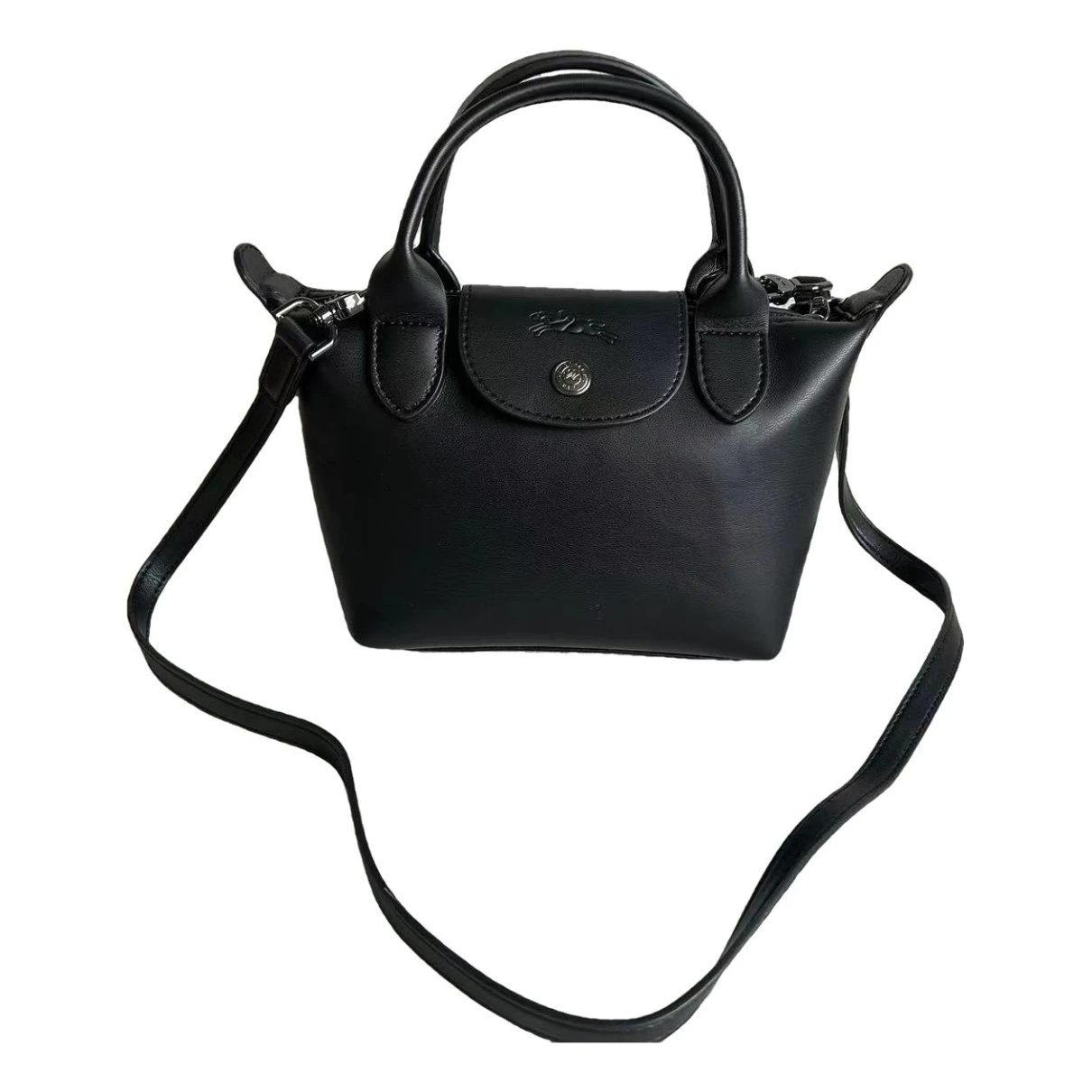 Pre-owned Longchamp Pliage Leather Tote In Black
