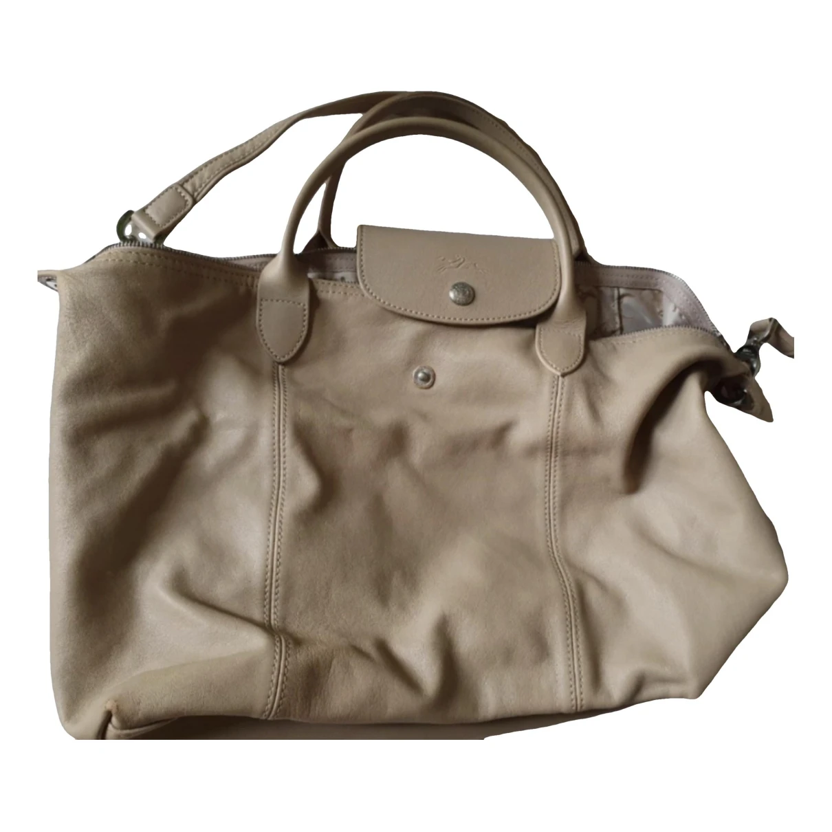 Pre-owned Longchamp Pliage Leather Crossbody Bag In Beige