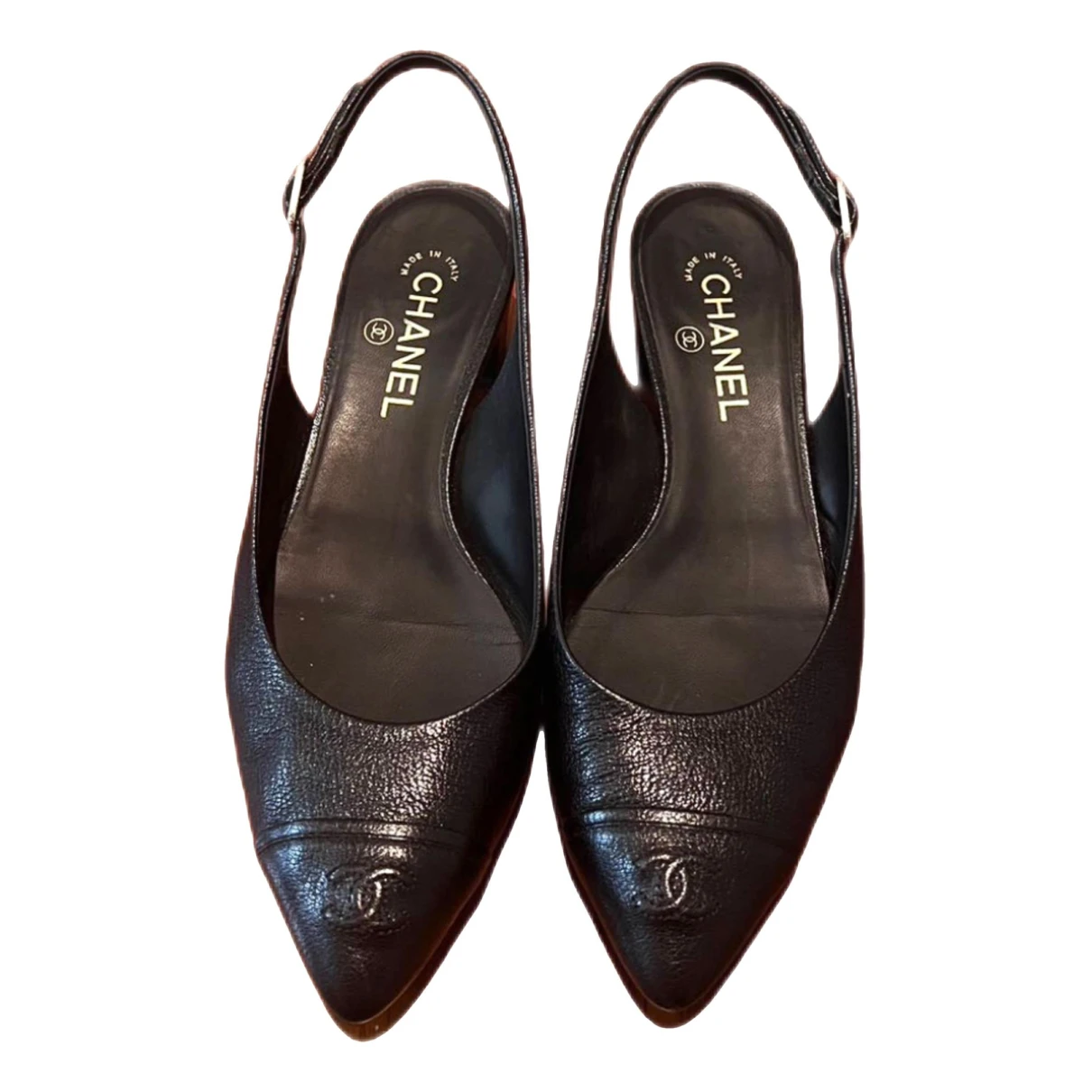 Pre-owned Chanel Slingback Leather Ballet Flats In Black