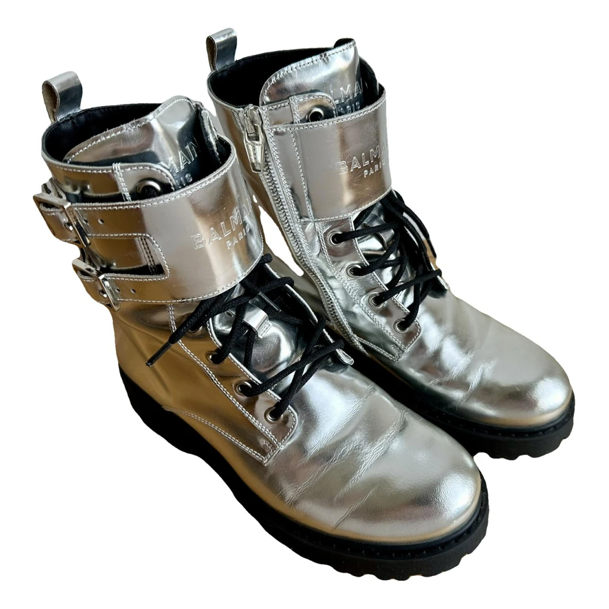 Pre-owned Balmain Patent Leather Lace Up Boots In Silver
