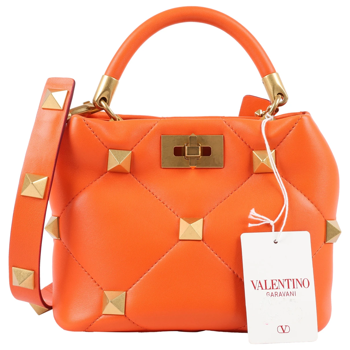 Pre-owned Valentino Garavani Roman Stud Leather Handbag In Orange