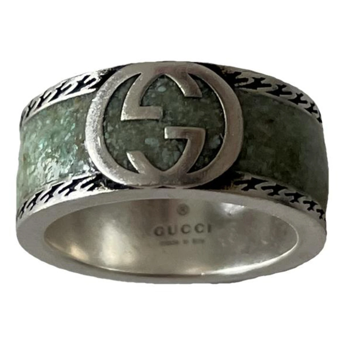 Pre-owned Gucci Gg Running Silver Ring In Green