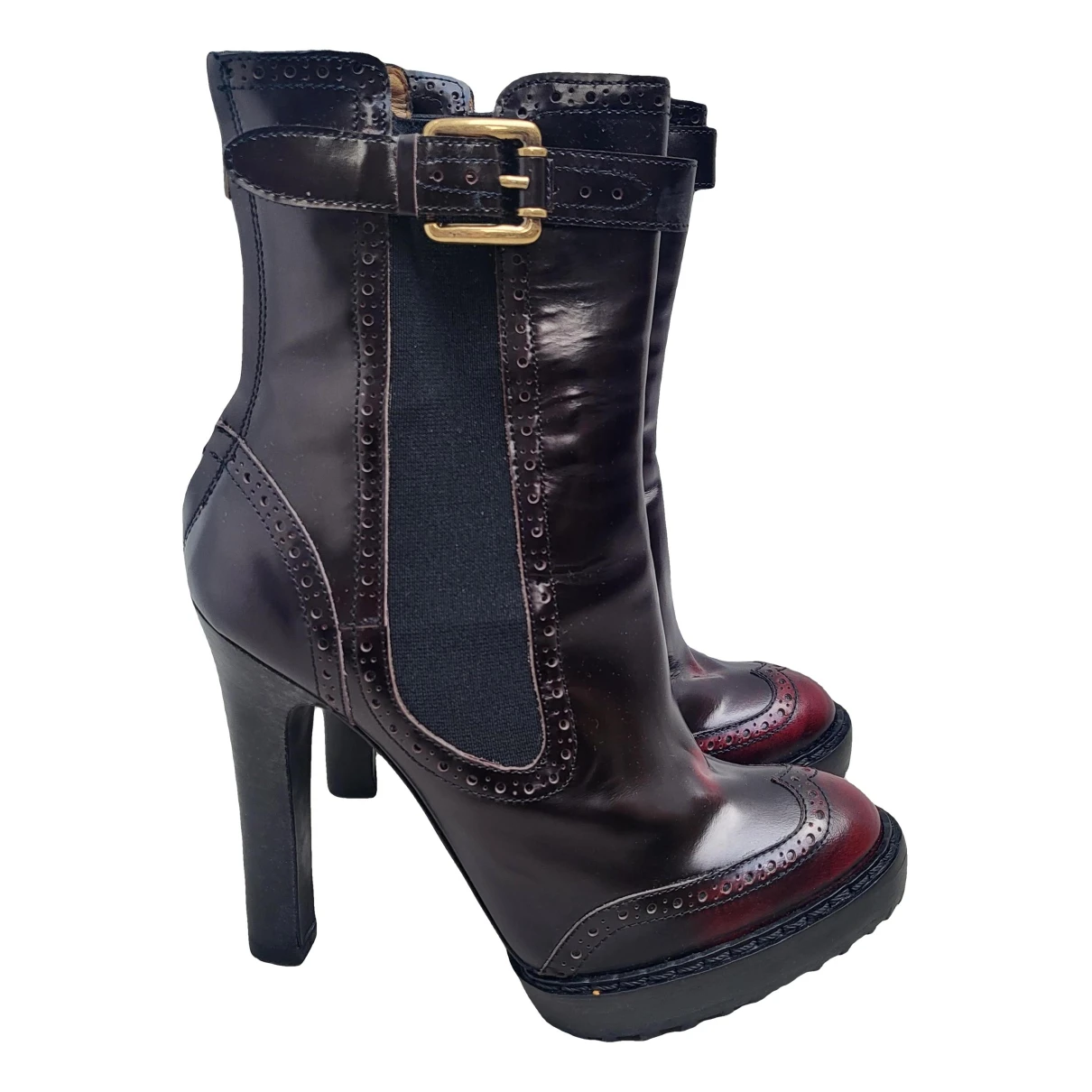 Pre-owned Mcq By Alexander Mcqueen Leather Buckled Boots In Burgundy