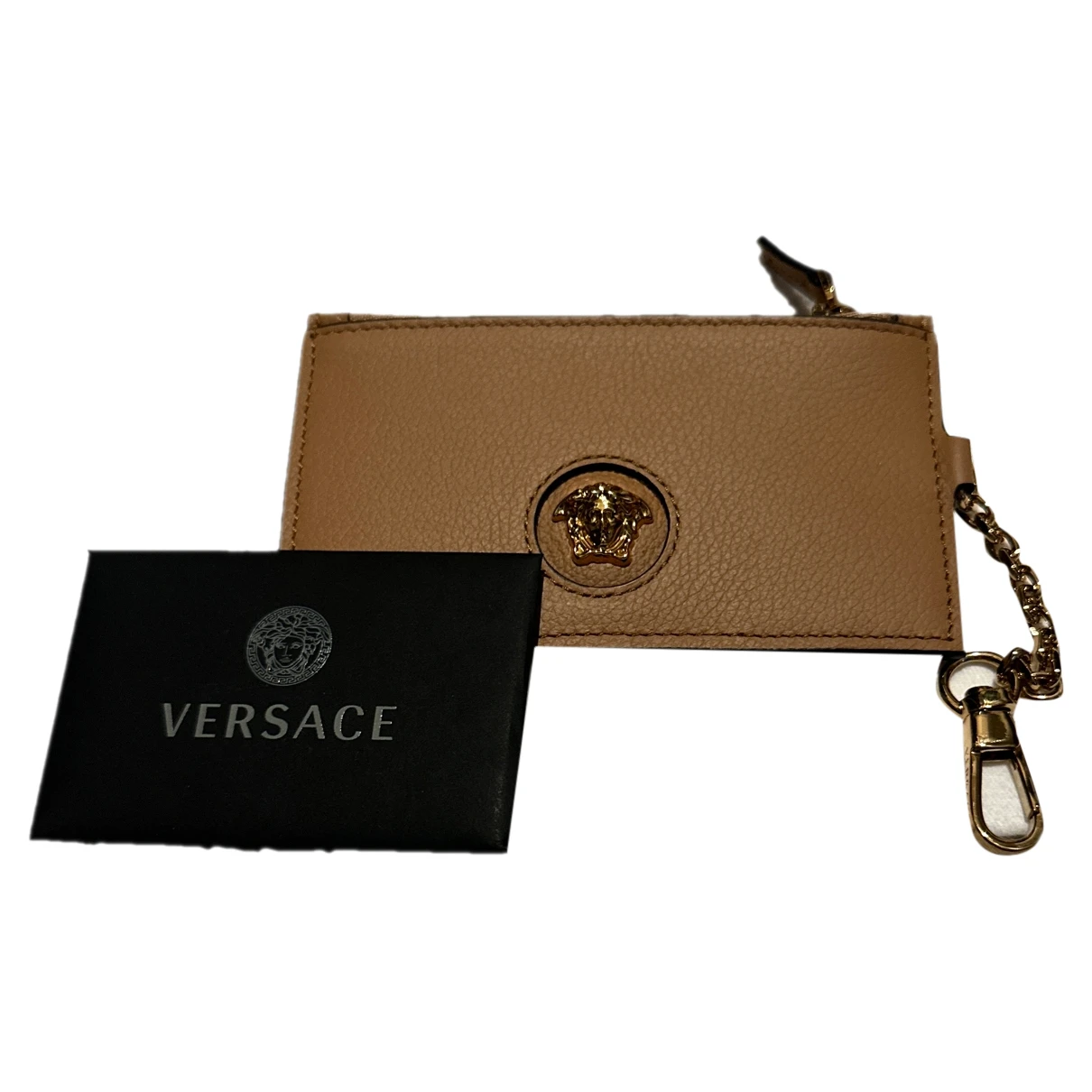 Pre-owned Versace La Medusa Leather Card Wallet In Camel