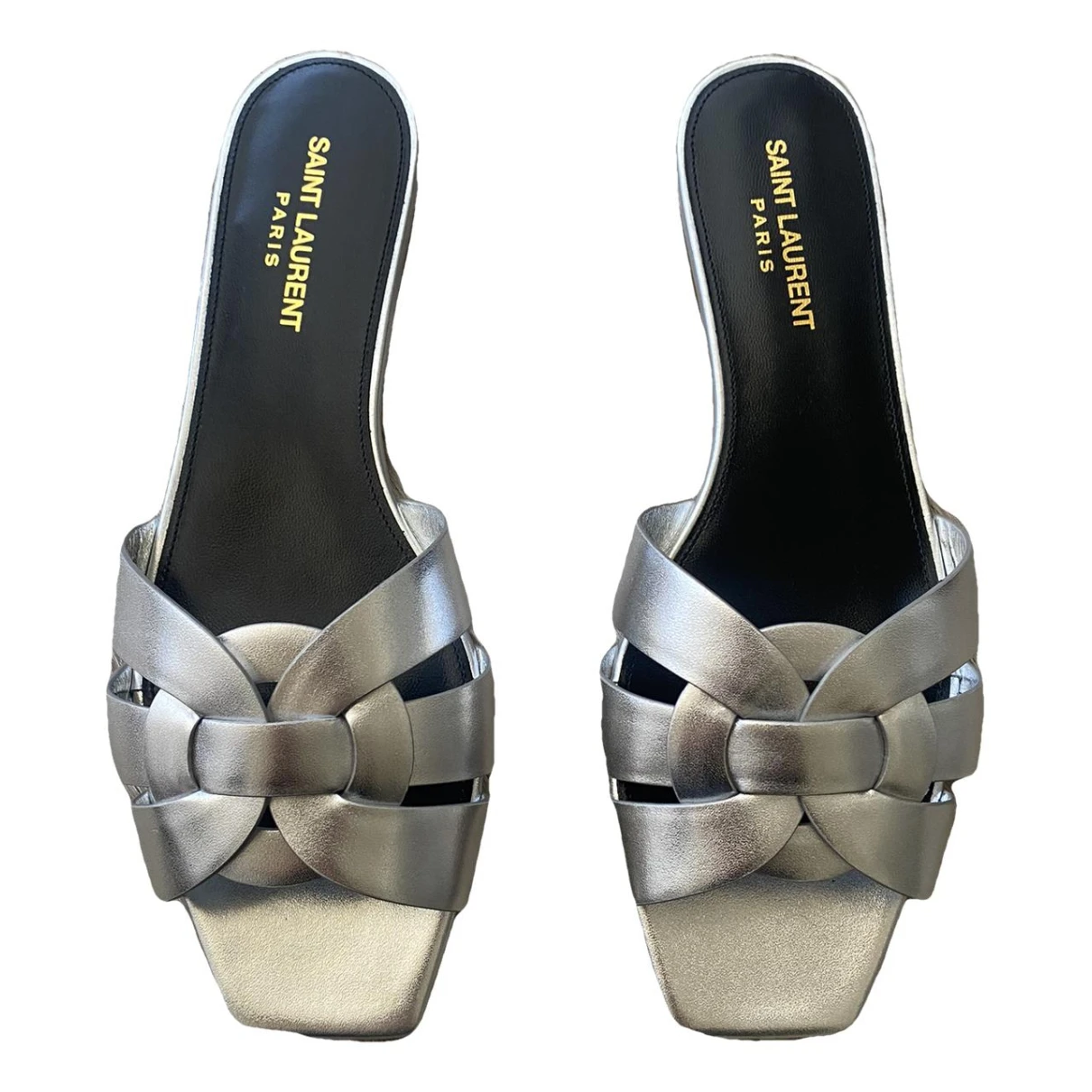 Pre-owned Saint Laurent Tribute Leather Mules In Silver