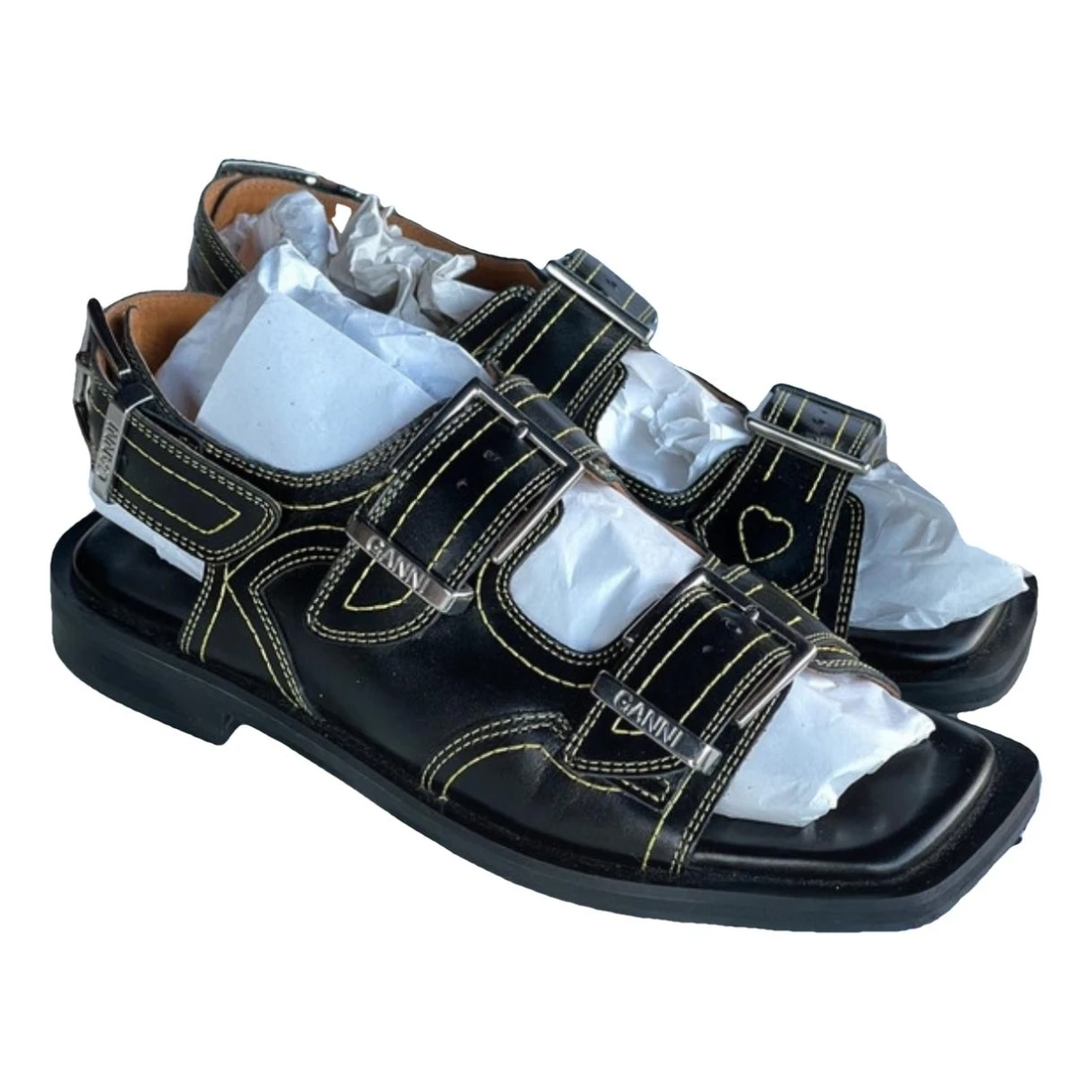 Pre-owned Ganni Leather Sandal In Black