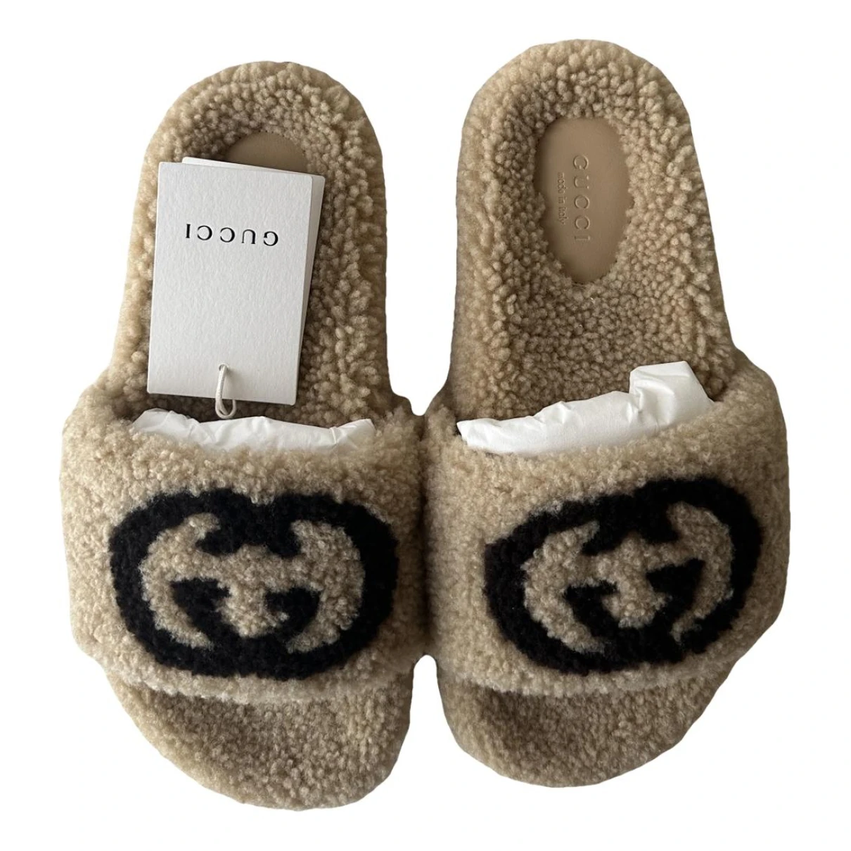 Pre-owned Gucci Double G Faux Fur Mules In Beige