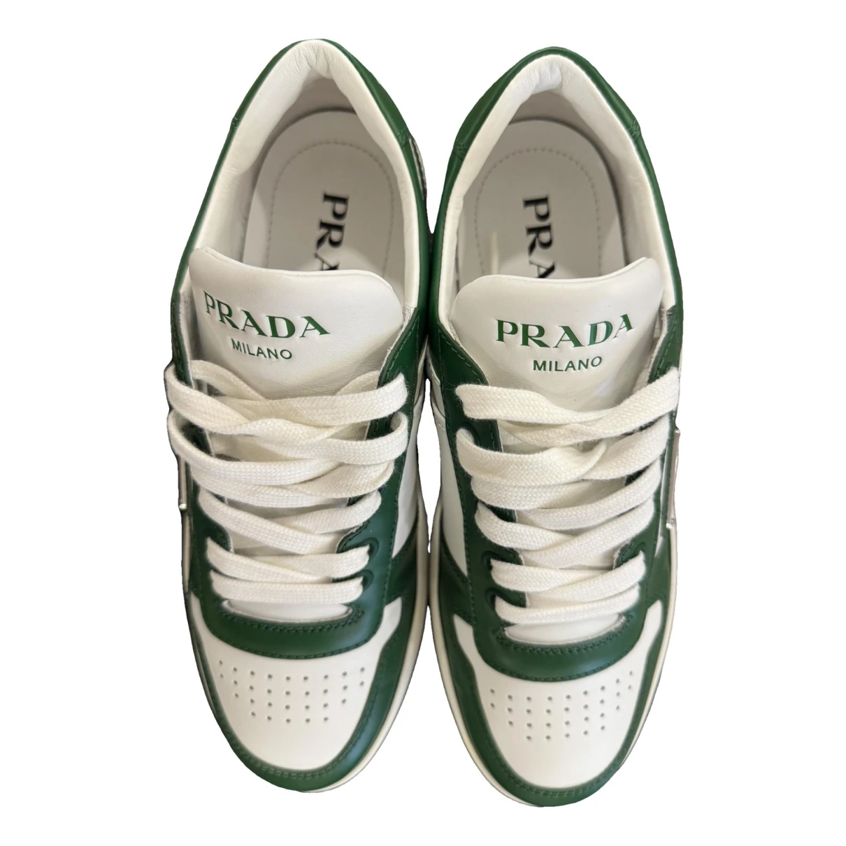 Pre-owned Prada Downtown Leather Trainers In Green