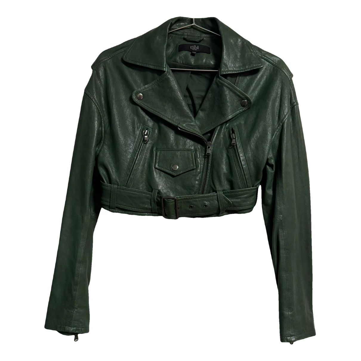 Pre-owned Tibi Leather Biker Jacket In Green