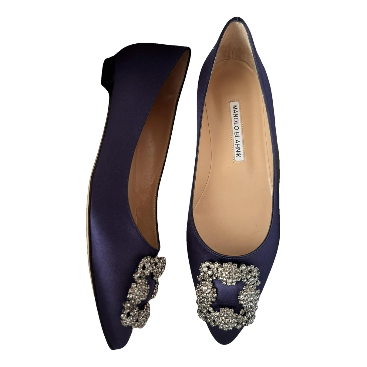 Pre-owned Manolo Blahnik Hangisi Cloth Ballet Flats In Navy