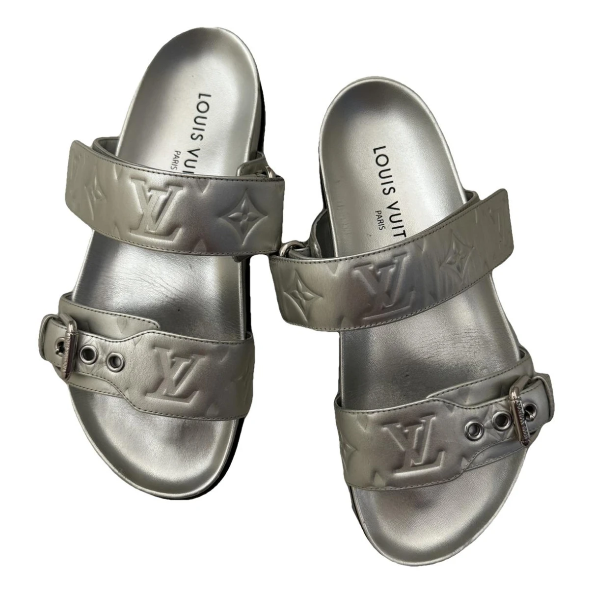 Pre-owned Louis Vuitton Bom Dia Leather Mules In Metallic